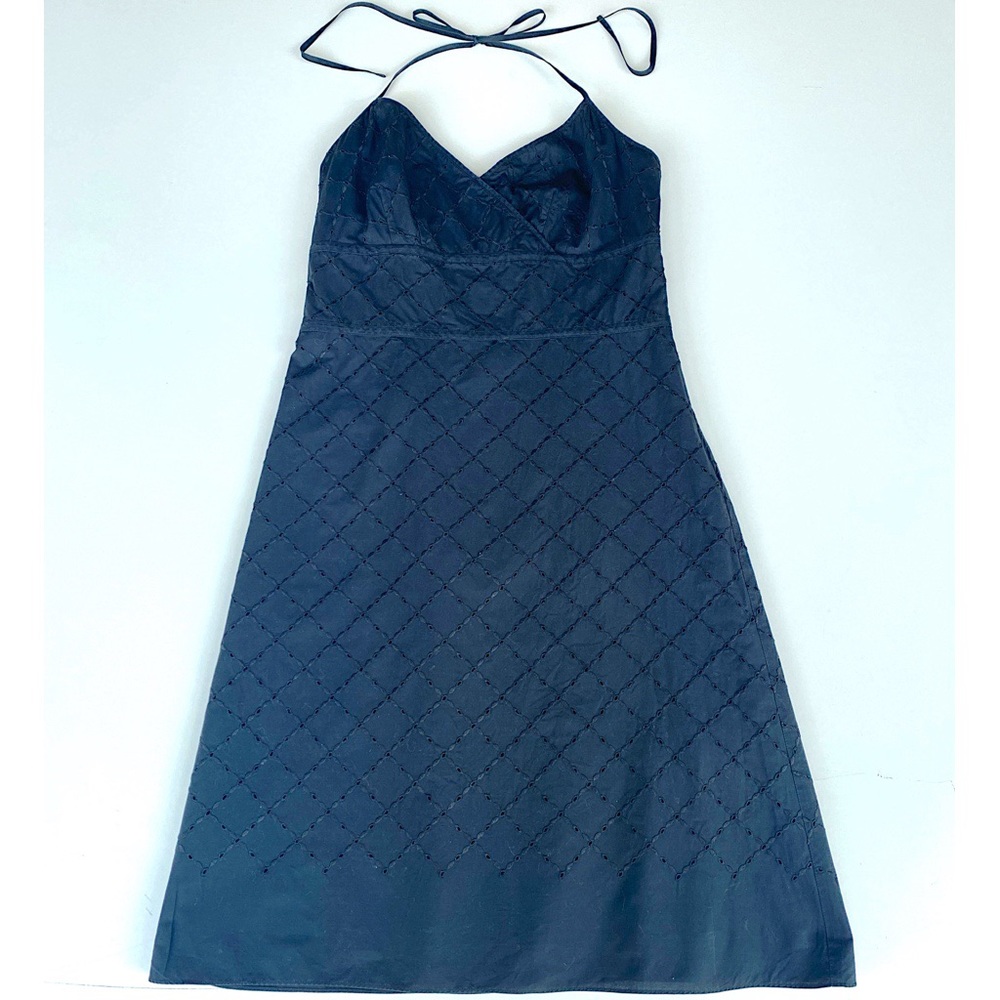 ANN TAYLOR Eyelet Patterned Halter Dress A-Line Midi Cotton Black Summer Size 4